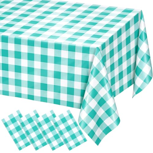 Image of WNINK 4 Pack Mint Green Gingham Tablecloths, 54 x 108 Inch Disposable Waterproof Plastic Table Covers for Rectangle Tables, Picnic, Birthday Party, Baby Shower and Celebration