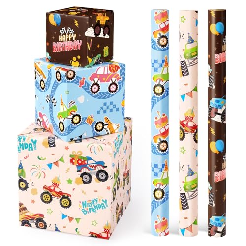 Papier cadeau Monster Truck 3 rouleaux courts pour emballage facile garçon