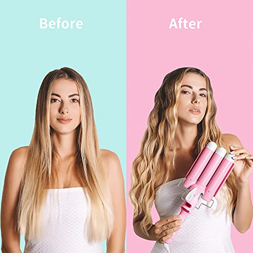 3 Barrel Curling Iron Wand Dual Voltage Hair Crimper with LCD Temp Display - Triple Barrels Temperature Adjustable Portable Hair Waver Heats Up Quickly (1.1 Inch, Pink)