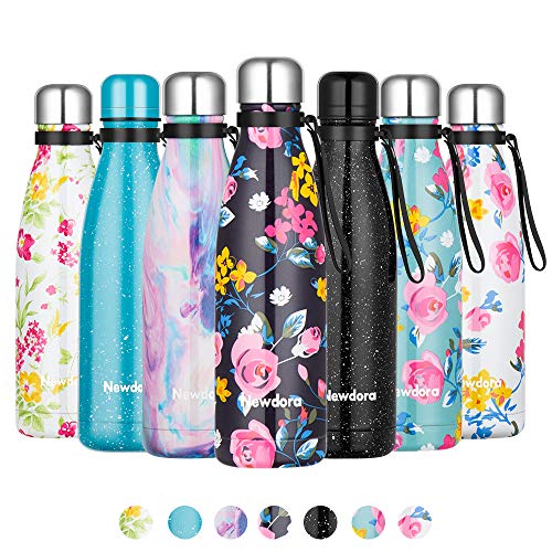 Newdora Bouteille Isotherme en Acier Inoxydable, 500ML Gourde INOX Isotherme sans BPA, Thermos Isotherme Réutilisable pour Adult, Sport, Bureau, Ecole Fleurs Noirs