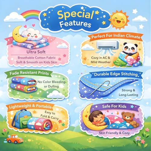 Image of Divine Casa Cotton Dohar for Kids Single Bed 135 x 100 cm, 120 GSM Lightweight Summer Blanket, Soft Breathable AC Quilt, Reversible Comforter for All Seasons