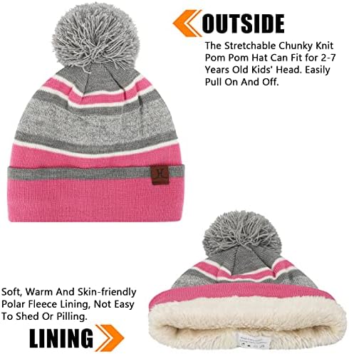 Kids Toddlers Winter Knit Warm Beanie Hat Scarf Gloves Set for Boys Girls Age 2-7, Pompom Cap Neck Warmer Gloves Fleece Lined 2 51mdTlzQEhL. AC