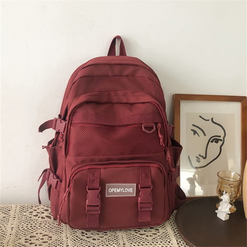 Aesthetic Kawaii Nylon Lighteweighted Portable Laptop Backpack with A Cute Bear Pendant, Large Capcity (Red)2
