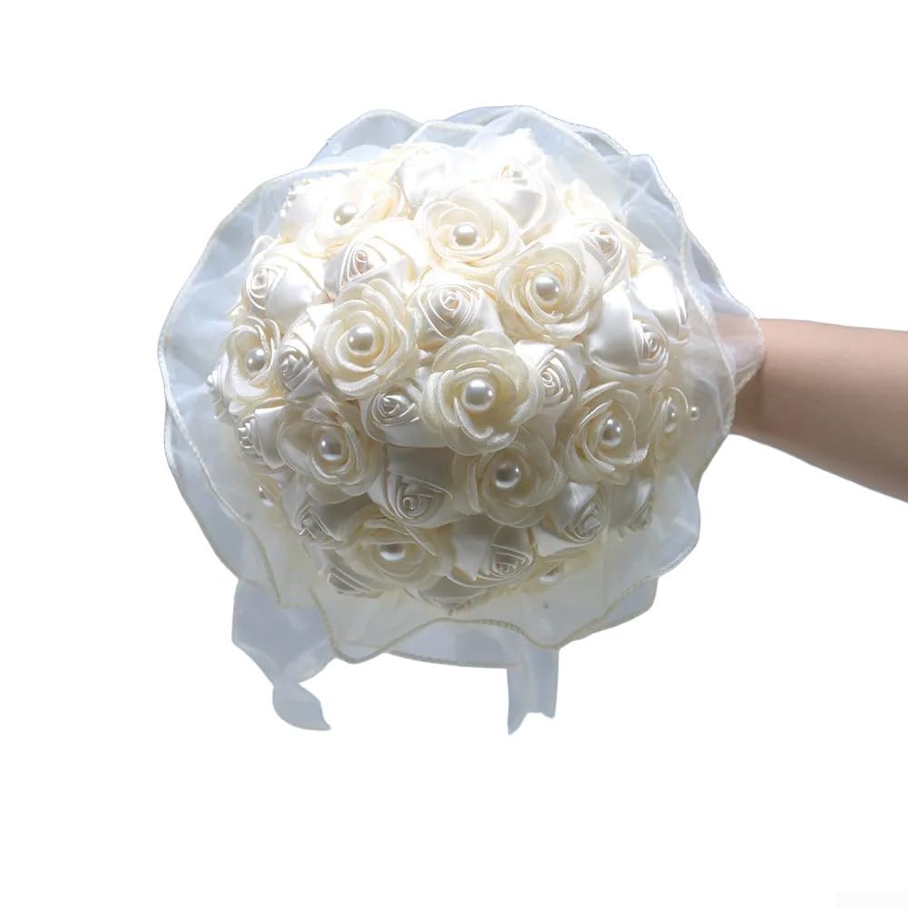 Bouquet da sposa artificiale in seta, fiori per sposa, fattoria, feste, puntelli neutri, 23 x 18 cm (bianco)