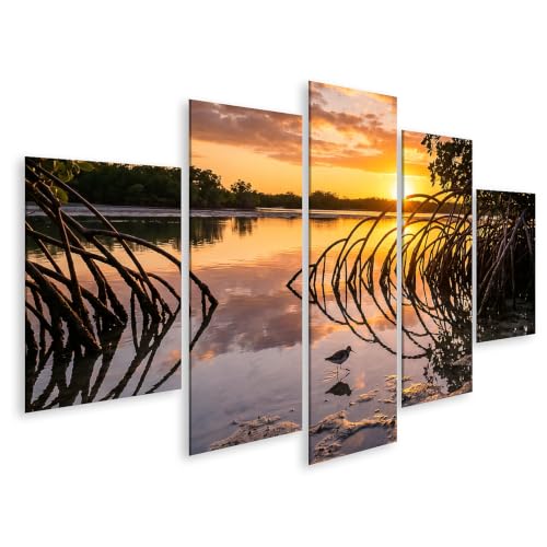 Impression sur toile en 5 pièces tableau coucher de soleil magique