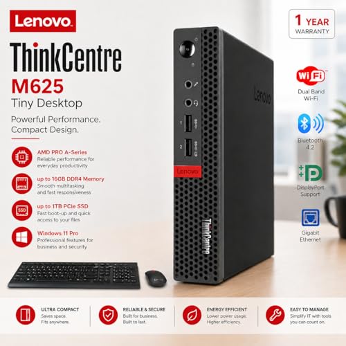 Image of Lenovo ThinkCentre Mini Desktop Computer with AMD Processor & Graphics, 8GB DDR4 RAM, 1TB SSD, Windows 11, Wi-Fi, Bluetooth, 2X DisplayPort, RJ-45 Port, USB, for Daily Work, Wired Keyboard & Mouse
