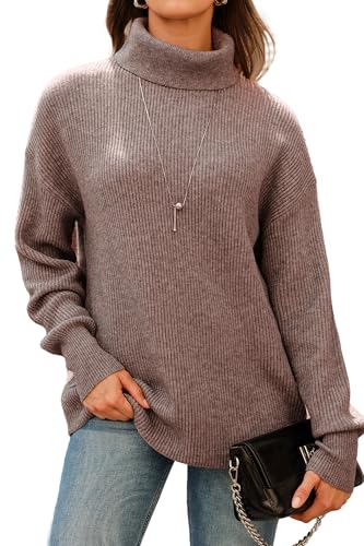 Arach&Cloz Women 2025 Wool Blend Fall Oversized Sweaters Winter Clothes Fashion Turtleneck Pullover Long Sleeve Shirts Ribbed Cashmere Tops Dressy Cozy Business Casual Trendy Outfits Khaki L