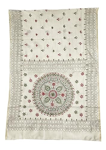 Image of SHRISTI CLOTHINGS Women's Hand Embroidered Cotton Silk Kantha Stitch Saree with Blouse Piece (SB4200924 OFFWHITED94)