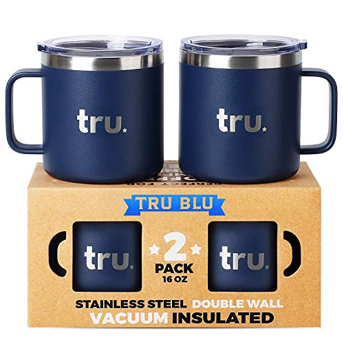 Large Camping Mugs with Lids 16oz, Set of 2 Vacuum Insulated Travel Cups, Stainless Steel Metal Mugs - Outdoor, RV, Hiking, Boating, Portable, BPA Free