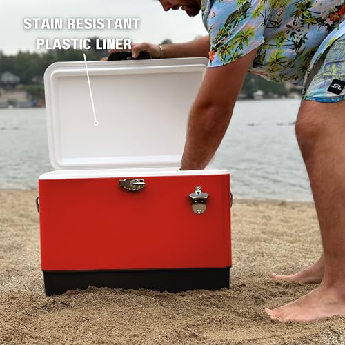 Image of FSE Hard-Sided 54 Qt. / 80 Can Metal Cooler | Durable outdoor beverage cooler with latch closure, bottle opener and side handles. Ideal for picnic or tailgate use
