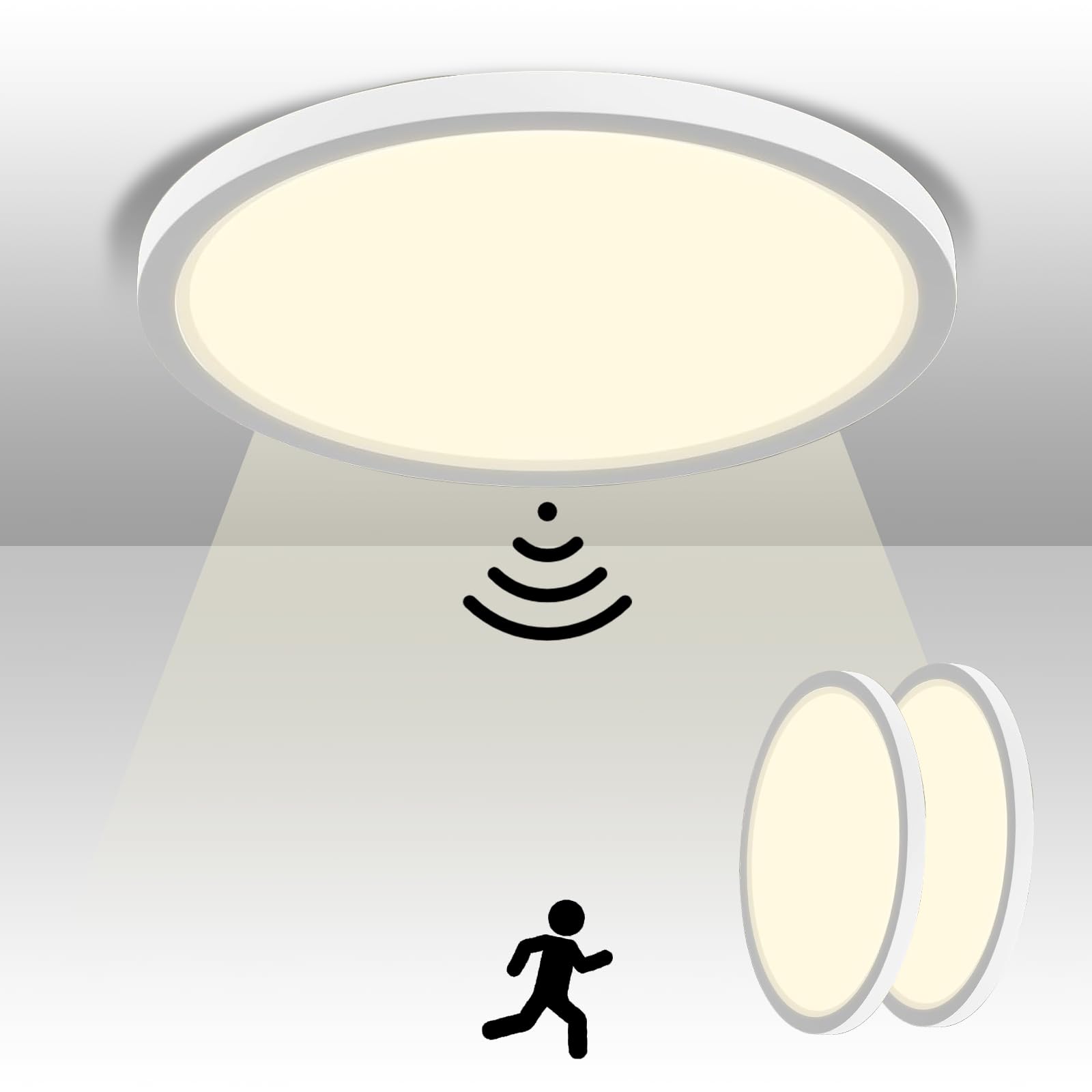 Lampa sufitowa LED z czujnikiem ruchu, płaska, okrągła lampa z czujnikiem ruchu wewnątrz, 20W, 4000K, radar, czujnik ruchu, lampa ścienna na balkon, do piwnicy, korytarza, garażu, 23cm