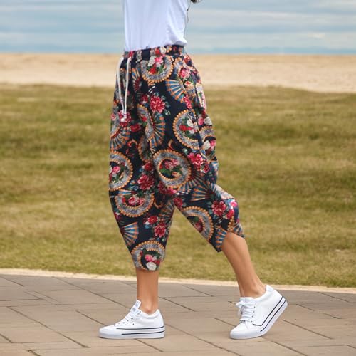 Women's Baggy Linen Capri Wide Leg Pants Summer Boho Floral Printed Vintage Casual Elastic Waist Harem Pants2