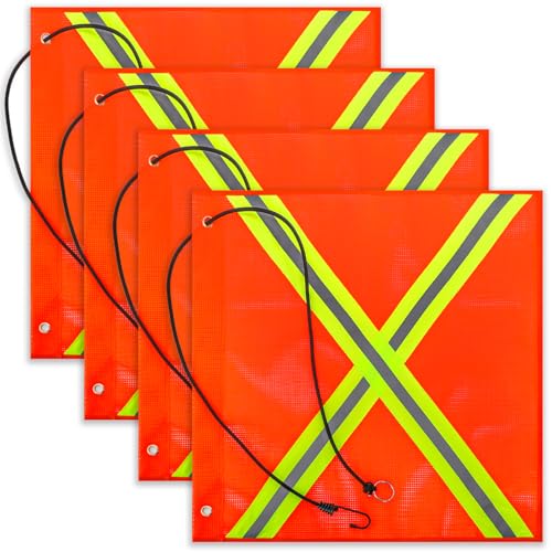 DEAYOU 4 Pack 18" x 18" Safety Flag for Truck, Mesh Weather Proof Warning Flags with Grommet and Bungee Cord for Boat, Hunting, Bike, Trailer, Hauling, Double Sided Reflective Strip, Orange