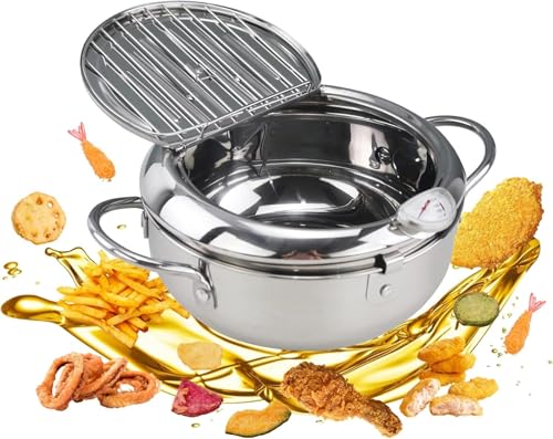 Vzqr 天ぷら鍋 揚げ鍋 ステンレス 24cm ふた・温度計・油切りラック付き 両手鍋 温度管理で失敗しにくい 家庭用フライヤー 唐揚げ とんかつ ポテトなど揚げ物に最適 (24cm)
