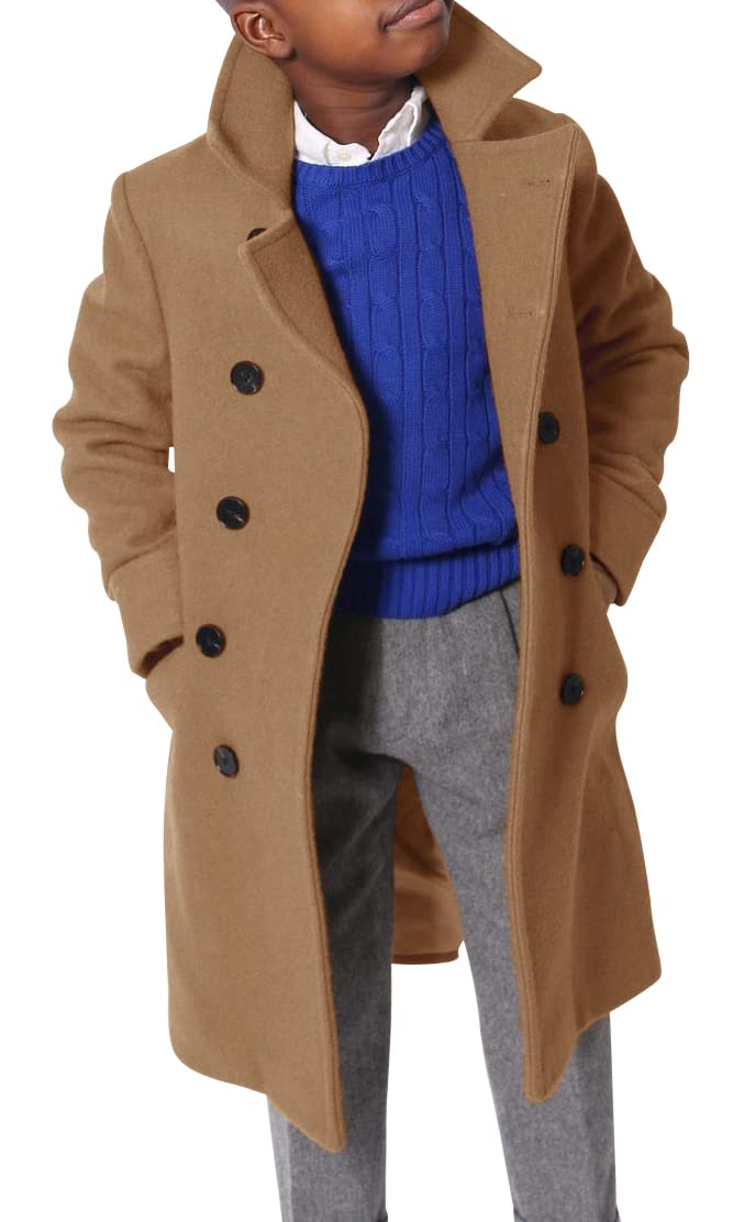 Ebifin Boys Notch Lapel Double Breasted Long Trench Coat Casual Classic Peacoat