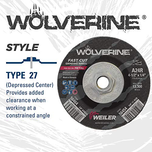 Image of Weiler 56464 4-1 /2 inch X 1 /4 inch Wolverine Type 27 Grinding Wheel, A24R, 7 /8 inch A.H. (Pack of 10)