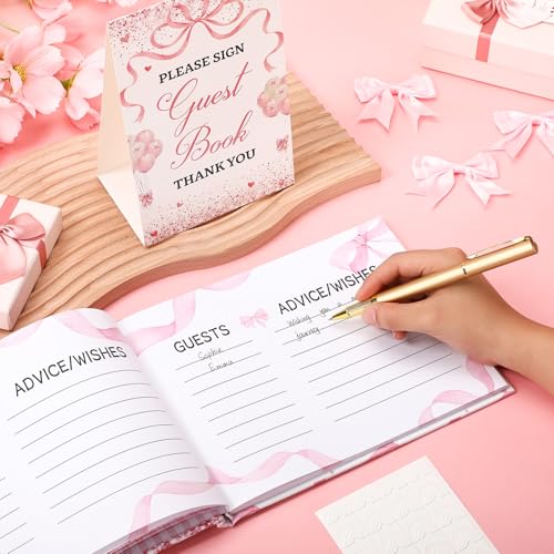 Image of Fuyoooo 27 Pcs Bow Baby Shower Guest Book Baby Shower Sign in Guest Book Reception with Sonogram Page Keepsake Includes Gold Pen Table Card and Adhesive Photo Corner for Birthday