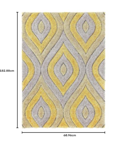 Image of Shaggy 3D Geometric Carpet for Living Room & Bedroom Soft Fluffy Fur Rug, 2x6 Feet, Anti-Skid, Grey Yellow, Modern Floor Mat for Home Decor