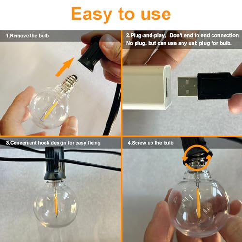 IKERY USB Garden String Light, 15M/49FT Warm White 25+1 COB Globe Bulbs IP65 Waterproof Festive Lights Outdoor, Indoor Outdoor String Lights for Gazebo, Christmas, Backyard, Party, Patio Decor - Image 5