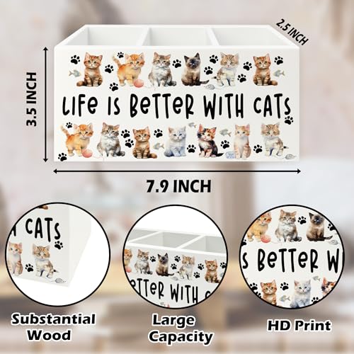 Image of Cat Pen Pencil Holder Organizer for Desk, Cat Lovers Mom Lady Gifts for Women, Life Is Better with Cats Wooden Box Signs Decorations for Home Office Desk Tabletop, Gifts for Pet Lovers