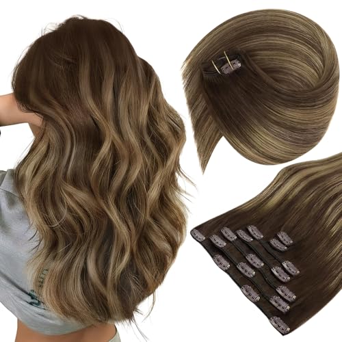 Sunny Hair Clip in Hair Extensions Real Human Hair 20 Inch 120g Remy Hair Clip in Extensions for Women Human Hair Extensions Medium Brown Balayage Caramel Blonde