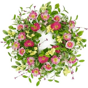 Artificial Spring Summer Wreath with Pink Poppy Flowers Green Leaves for Front Door Indoor Outdoor Farmhouse Home Wall Window Festival Wedding Decor