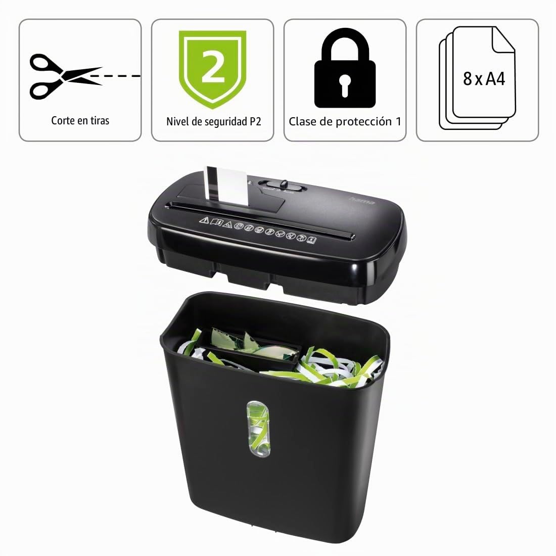 Hama |Trituradora de Papel Nivel Seguridad P2,T1 (Basic S8CD, Destructora de Papel, Velocidad Corte: 2,8m/min, Bandas magnéticas, BLU-Ray, CD, DVD, Papel, Tarjetas de plástico) Negro
