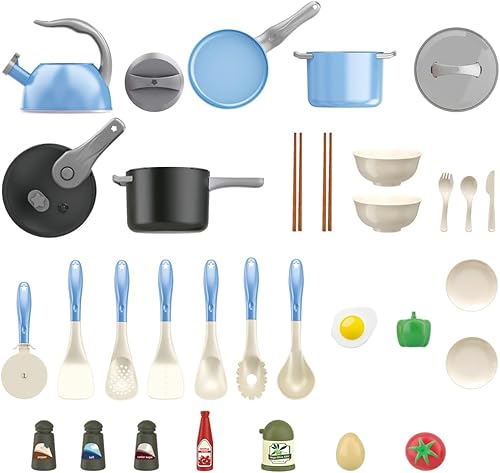 Miniatura 9 de Bruvoalon Juego de 32 juguetes de cocina para niños, accesorios de cocina con ollas, sartenes, utensilios de cocina, alimentos, verduras enlatadas,