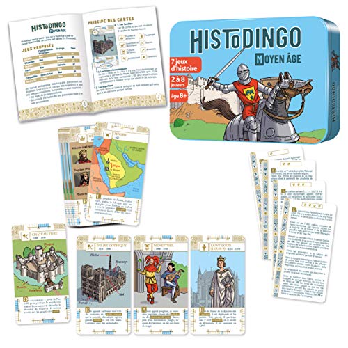Aritma - HISTODINGO : Moyen-Âge - Jeu de Société Éducatif pour Enfant dès 8 Ans - 7 Jeux d'Histoires - Niveau CE2/CM1/CM2 - Jouer en Classe ou en Famille - 2 à 8 Joueurs - 30 Min - Version Française
