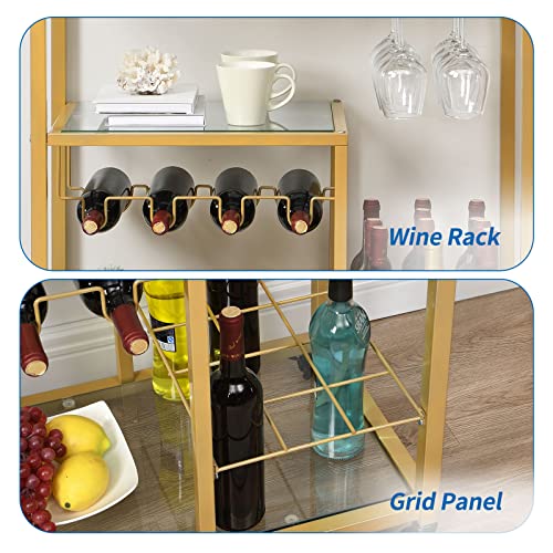 Homyshopy Bar Cart For Home, 3-Tier Mobile Kitchen Serving Cart With Glass Holder And Wine Rack, Rolling Wine Trolley With Tempered Glass And Chrome-Finished Metal Frame (Gold) #TOP4