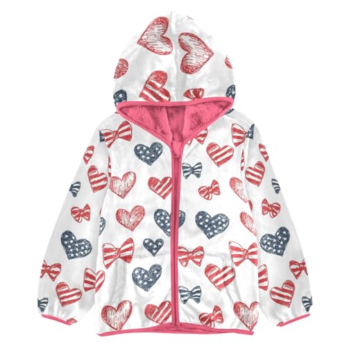National Flag Bow Heart Girls Fleece Jacket Girls Fall Jacket Girl Coats Zip Up Hoodie Children Sherpa Warm Outerwear 2-10T