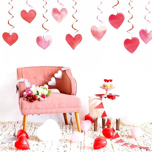 Image of Festiko Cardstock 12 Pcs Valentine's Day Hanging Swirl Decorations (Swirls 3), Red Hearts Swirls For Love Decoration