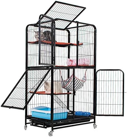 Large 4-Tier Cat Kitten Cage Playpen Box Kennel Crate Home, House of Pet Cat Kitten on Wheels for Indoor Outdoor with Soft Pads, 4 Big Doors Entrances, 31″ L x 22″ W x 54″ H, White & Black