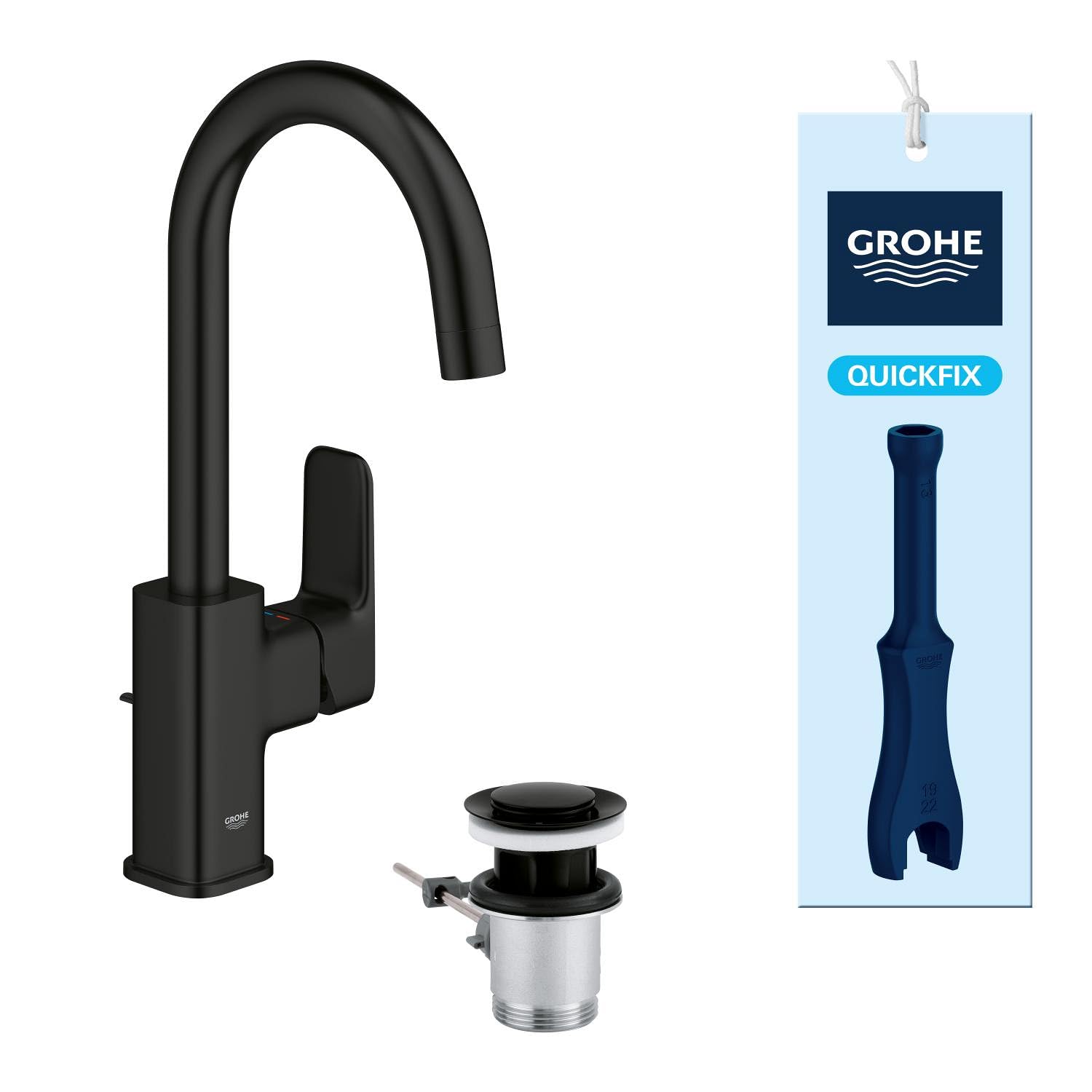 GROHE Dice - Grifo lavabo con desagüe Pop-Up, Talla L, caño en C giratorio 90°, cartucho cerámico 28mm, eficiencia energética y ahorro agua, latiguillos 3/8", QuickTool, Negro Mate, 1018712430