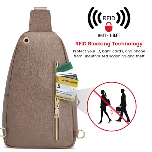 Image of Kattee Sling Bag for Women, Leather Crossbody Bag for Travel, Khaki | Top Grain Pebbled Leather. RFID back pocket, small chest bag fit 6.9-inch phone, fanny pack with adjustable strap.