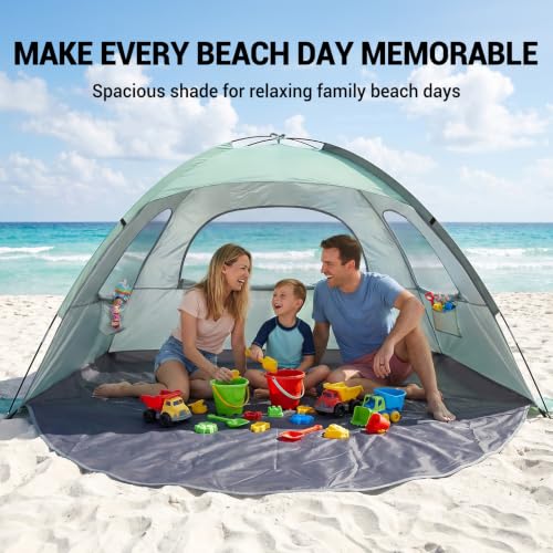 Image of WhiteFang Beach Tent Anti-UV Portable Sun Shade Shelter for 3 /4 /6 /8 Person, Extendable Floor with 3 Ventilating Mesh Windows Plus Carrying Bag, Stakes and Guy Lines
