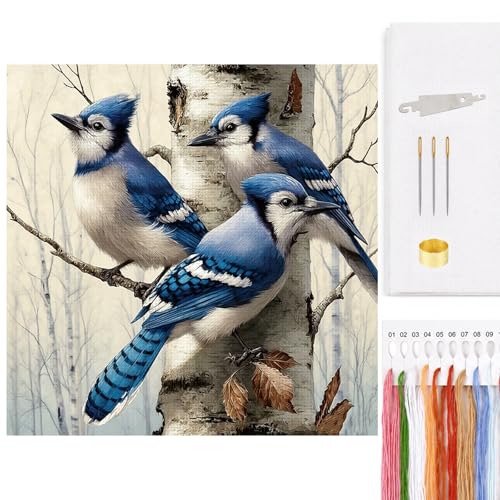 Blue Jays Full 14CT 2 Strands DIY Counted Cross Stitch Kits for Beginners Adults Home Decor Cross Stitch Patterns Arts Craft Kits 15.6x15.6In