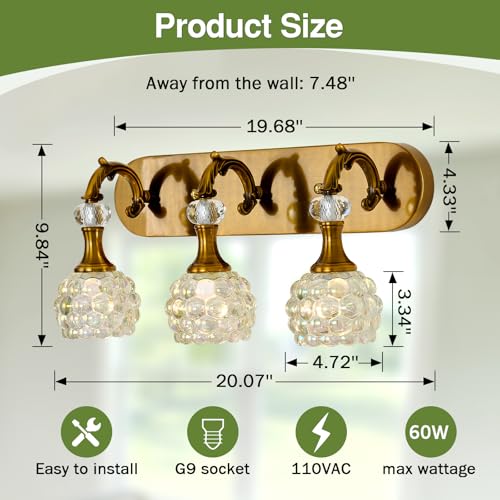 Image of 3 Light Vintage Vanity Light Gold Bathroom Lighting Fixtures Over Mirror with Glass Shade