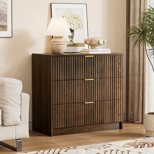 Image of Furniway 31.5 inch Large Nightstand with 3 Drawers, Fluted Bedside Table, Modern Tall End Table with Storage, Wood Night Stand Organizer Cabinet for Bedroom, Walnut