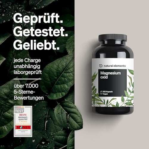 natural elements Magnesium - 365 Kapseln (Jahresvorrat) - 667mg, davon 400mg elementares Magnesium pro Kapsel - Laborgeprüft, hochdosiert, vegan
