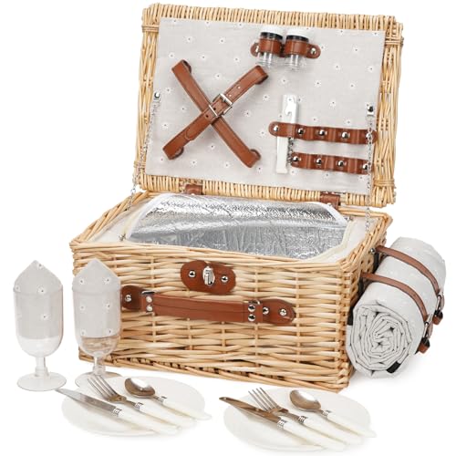 Picknickkorb für 2 Personen, Picknickkorb-Set mit Kühlfach und wasserdichte Picknickdecke, Besteck Set, Handgefertigtes Weidenkorb Picknick Korb Geschenk für Camping, Strand, Wandern (Weiße Blume) Picknickkorb für 2 Personen, Picknickkorb-Set mit Kühlfach und wasserdichte Picknickdecke, Besteck Set, Handgefertigtes Weidenkorb Picknick Korb Geschenk für Camping, Strand, Wandern (Weiße Blume)