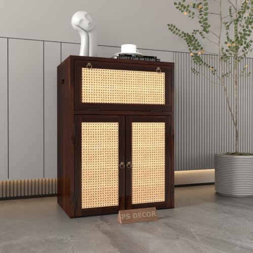 Image of Solid Sheesham Wood Battery Cabinet with Cane Doors | Wooden Inverter Battery Storage Cabinet