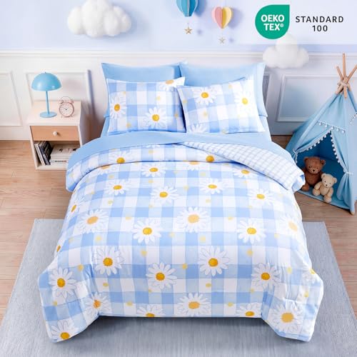 Image of Full Size Comforter Set for Girls Blue Plaid Daisy 7 Pieces Bed in a Bag