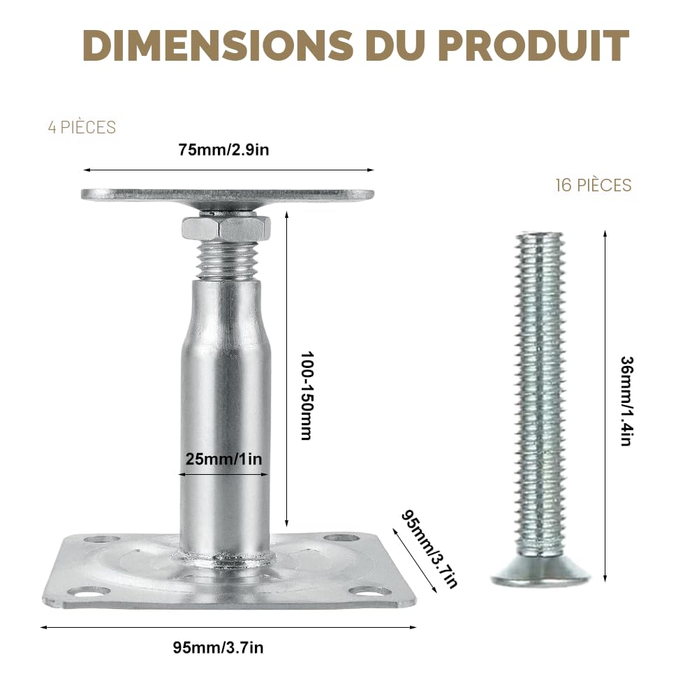 Lot de 4 supports de poteau réglables en hauteur, à visser, galvanisés, à passivation à couche épaisse, supports de poteau galvanisés de 100-150 mm avec 16 vis
