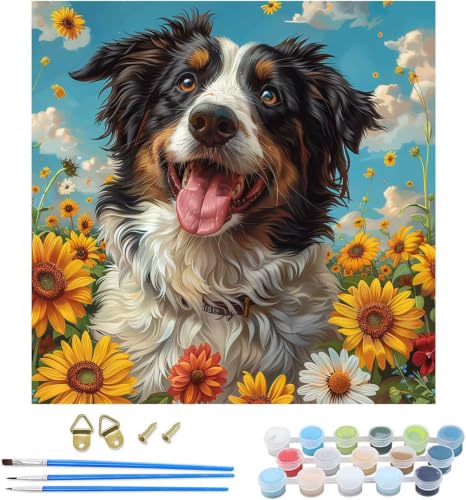 Paint by numbers adult de perro y girasol, manualidades de decoración hogar 30x30cm