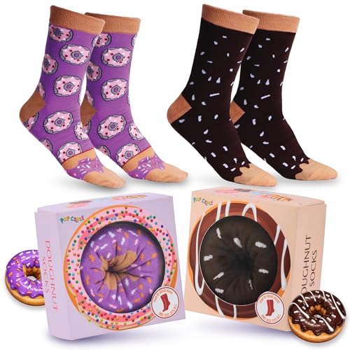 POPCRAZE Doughnut Socks 2 Pairs in Gift Box Novelty Food Socks Funny Dessert Design 1 Size Fits Most Men Women Mothers Day Gift Idea Box Cotton Blend Comfort