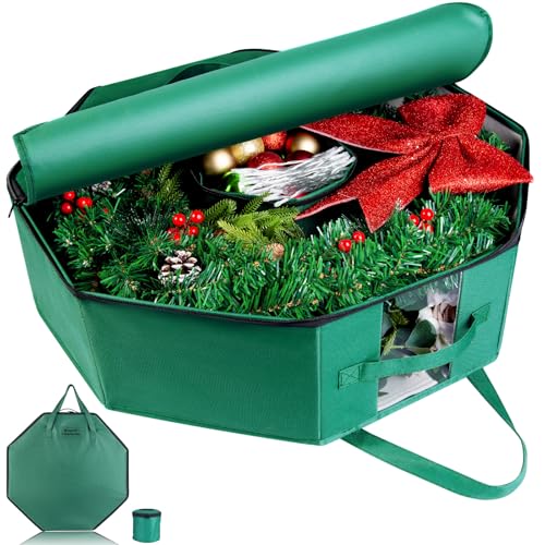 BrilliantJo Wreath Storage Christmas Garlands Bag with Interior Pockets duty 600D Oxford Fabric 24 Inch Xmas Container Box for holiday Decorations Case Zipper Handles Labeling Card Slot Green