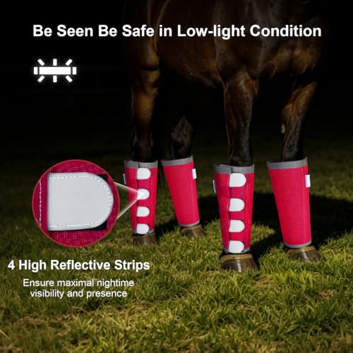 Image of Reflective Horse Fly Boots Set of 4, Loose Fitting Leggings for Horses, Equine Fly Leg Wraps Socks for 4 Legs, Breathable Adjustable and Universal Fit, Reliable Stay Put and on (Magenta)