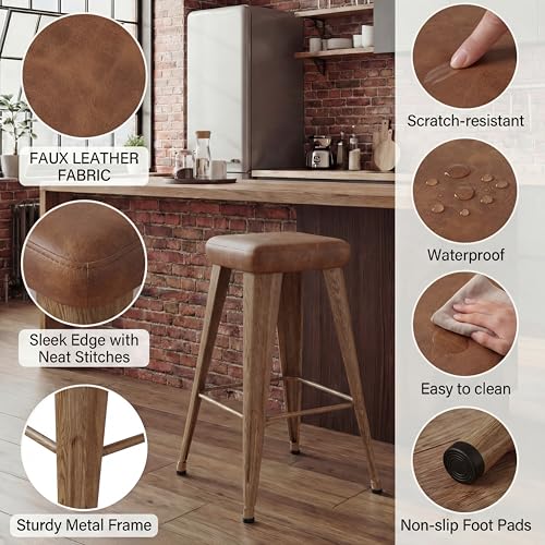 Image of Yongchuang 26 inch Bar Stools Set of 4 Upholstered Backless Counter Height Stools with Metal Legs PU Leather Modern Farmhouse Kitchen Island Barstools Walnut Brown