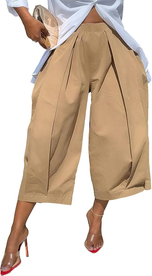 Womens High Waisted Wide Leg Cropped Pants Casual Loose Lounge Flowy Cropped Beach Work Trousers